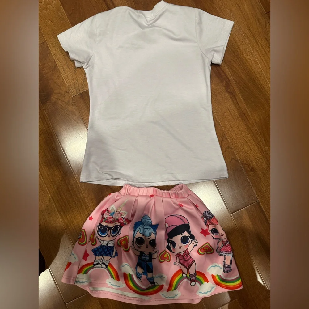Kids Matching Set with Cartoon Print - White and Pink